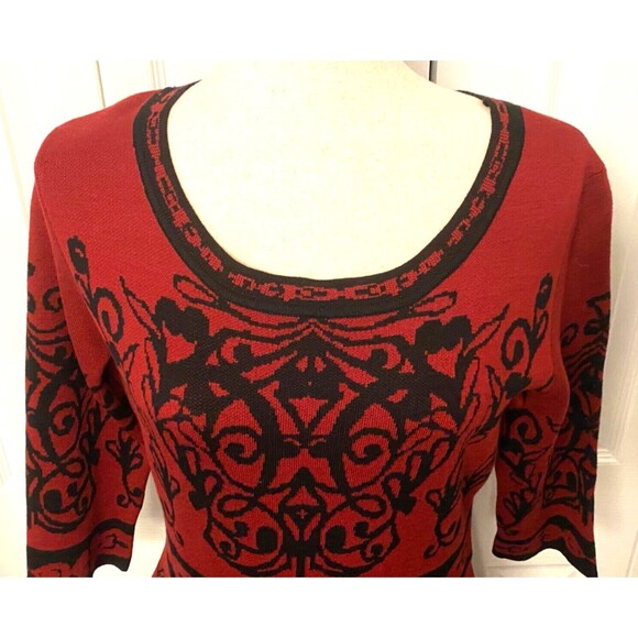 NEW TAYLOR Fit n Flare Sweater Dress Lg Burgundy Red Black Floral Celtic Gothic - Picture 2 of 11
